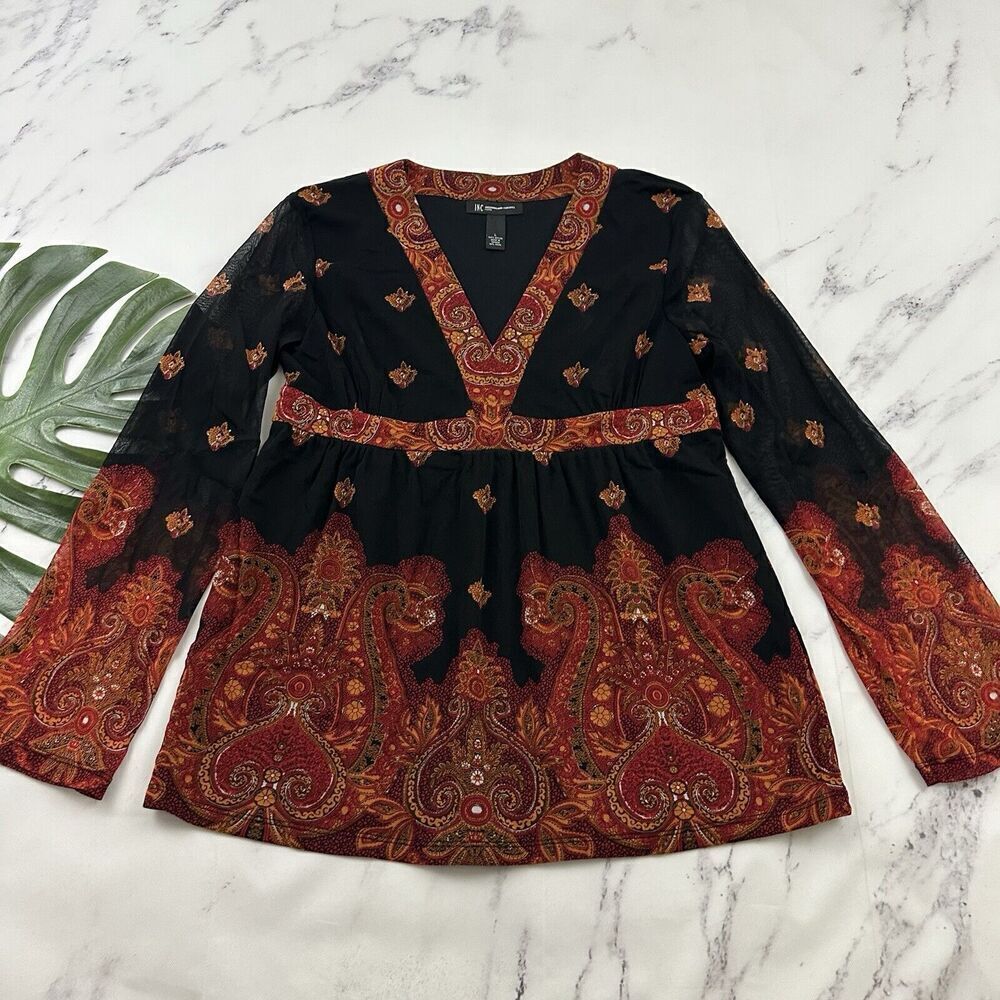 INC Womens Vintage Y2k Babydoll Top Size L Black Orange Paisley Mesh Sheer Trim